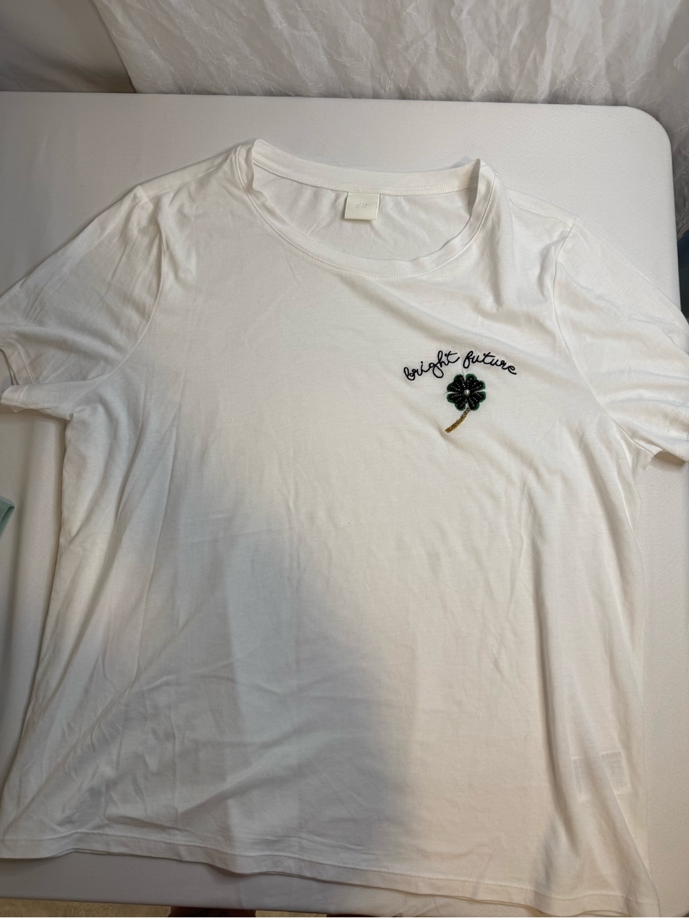 H&M White Crewneck T-Shirt with Black Clover 'Bright Future' Embroidery